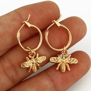 18K Gold Bee Hoop Dangle Drop Earrings